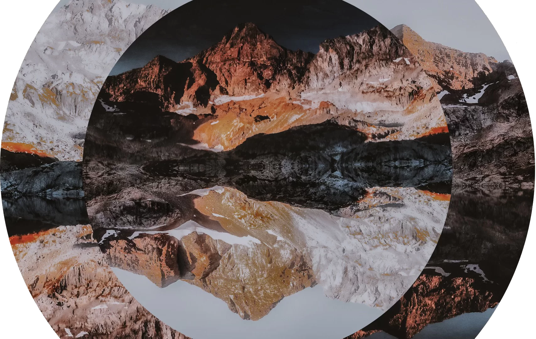 A circular composition featuring a mountainous landscape with rocky peaks and snow-capped areas, reflecting in a body of water below. The colors range from earthy browns to icy whites, creating a striking contrast.